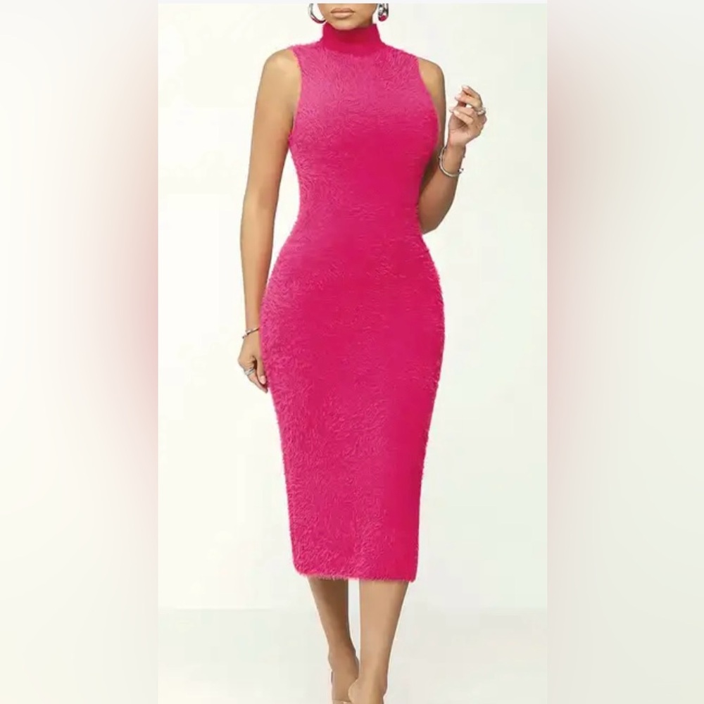 AKIRA: Pink Fuzzy Sleeveless Collar Midi Dress